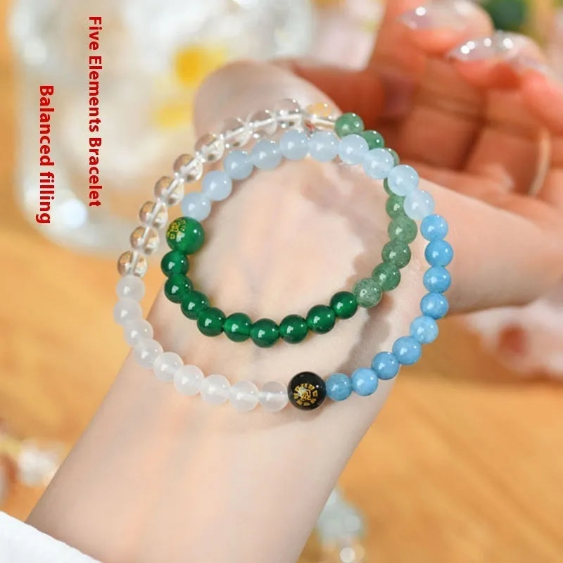 Handmade natural crystal Five Elements double ring bracelet with round beads