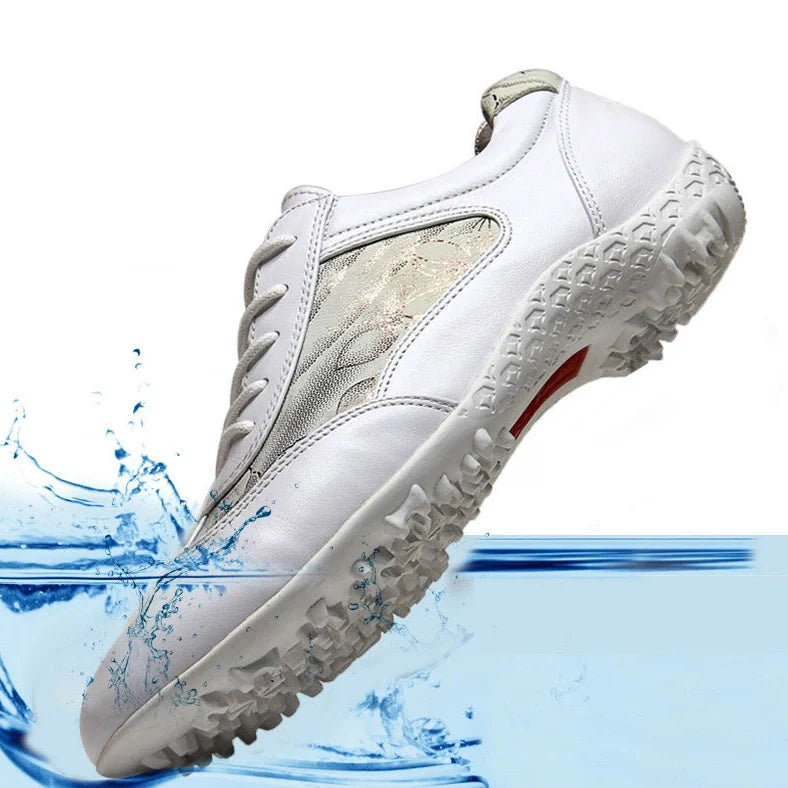 Women's apricot leather sneakers with waterproof cowhide and non-slip rubber soles