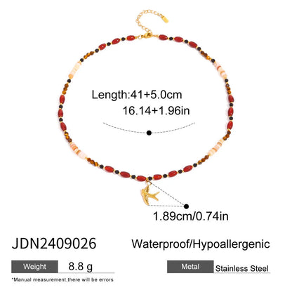 Tiger Eye Beads Stainless Steel Necklace with Bird Pendant - Unique Design