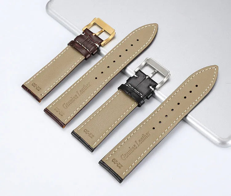 Genuine leather watch strap with bamboo knot pattern in black, 22mm width