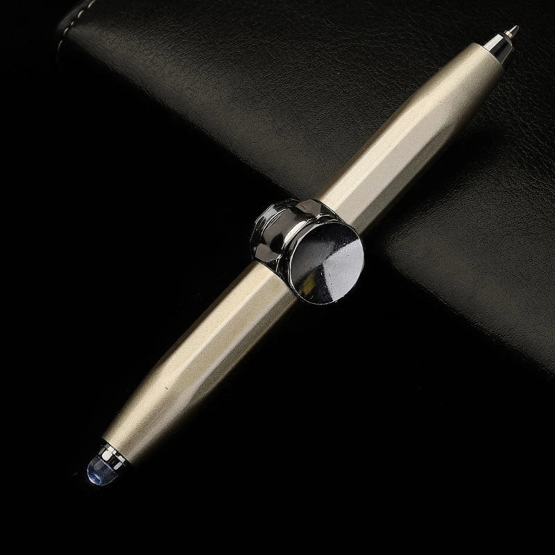 A metal ballpoint pen with a gyro spinner mechanism and LED light, offering a unique spinning and writing experience for office, school, and personal use.