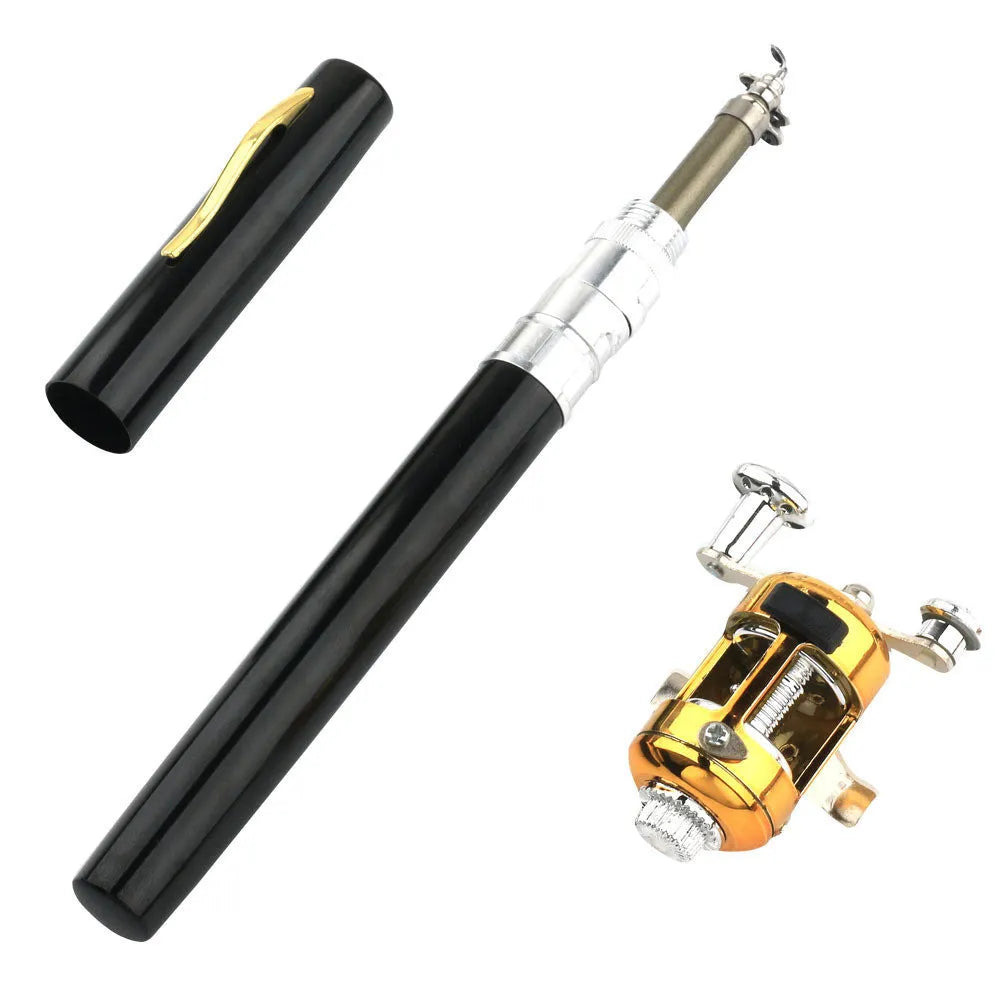 Compact telescopic fishing rod kit retracted in aluminium pen case next to its ST5RL drum.