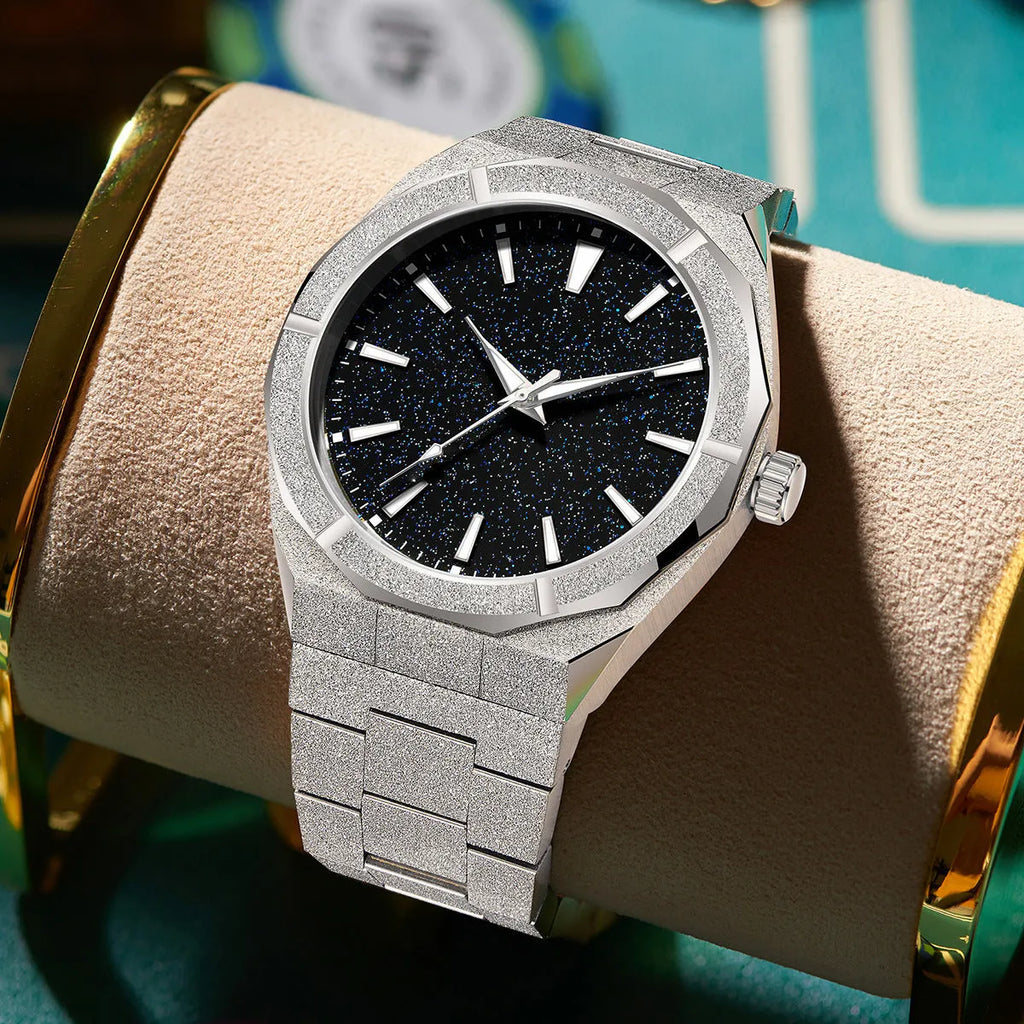 Men's frosted stainless steel business watch with luminous markers in silver colour option