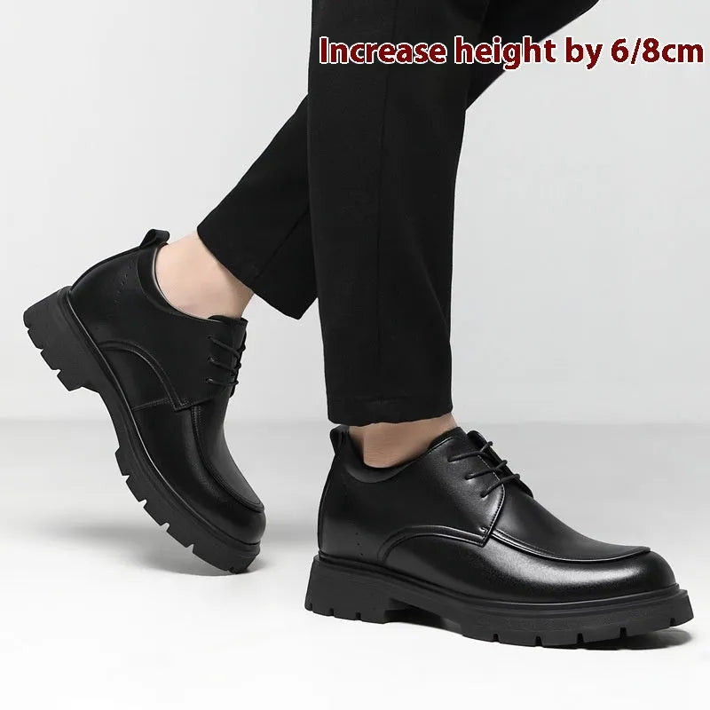 Height increasing formal leather shoes for men with 6cm lift, round toe, black colour, two-layer cowhide upper