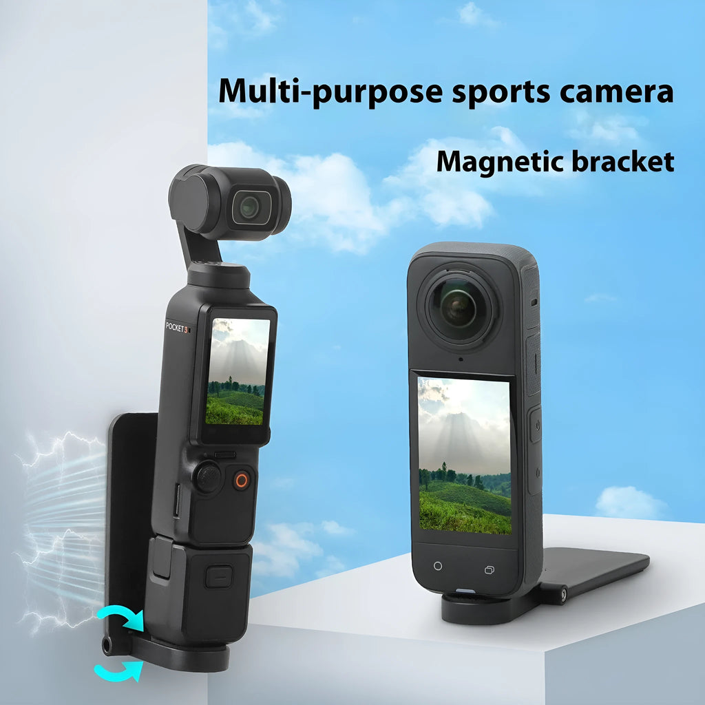 Black magnetic bracket base for Insta360 X4 camera with adjustable angle mechanism