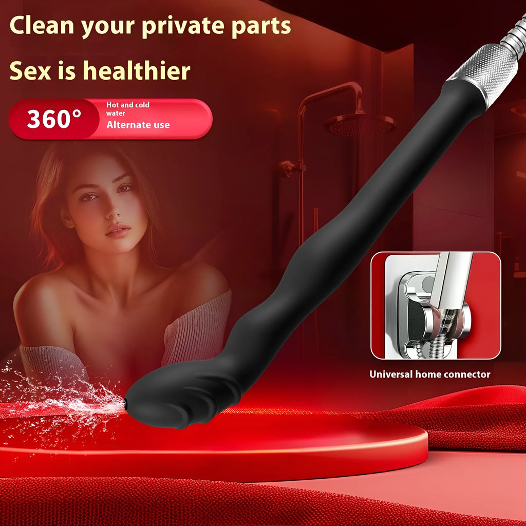 Black silicone sausage filler enema hosepipe flusher shown in large and small size options.