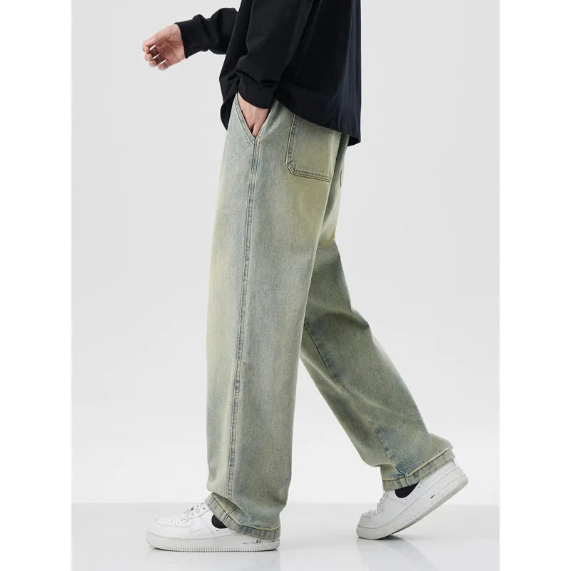 Retro loose straight-leg denim pants for men with rope closure in retro blue colour