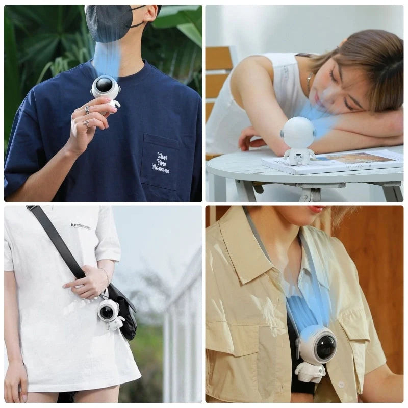 USB rechargeable personal neck fan in Moonlight White and Deep Black, featuring bladeless design and 3 speed settings