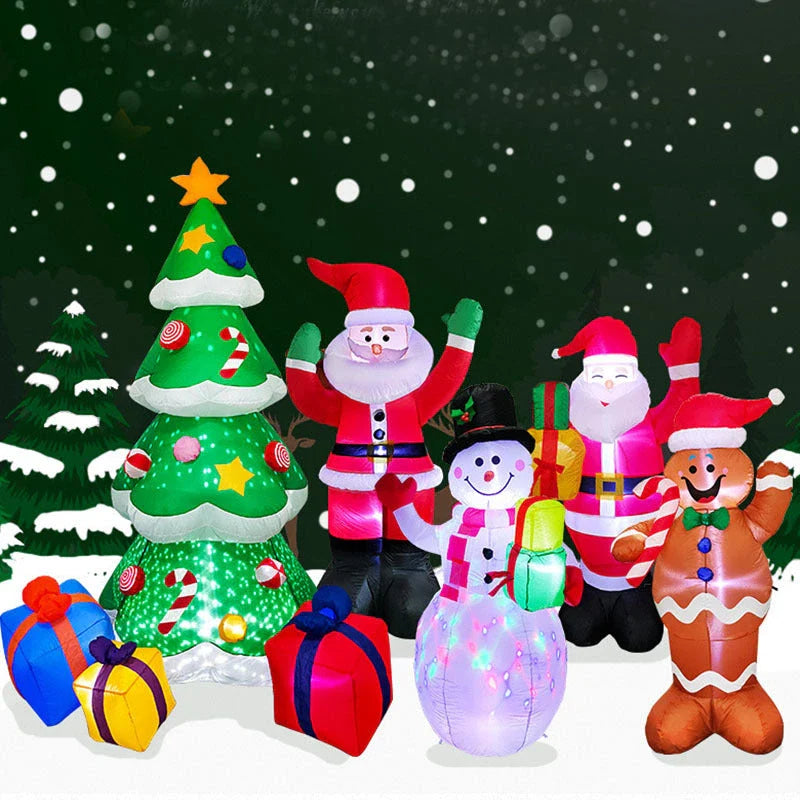 Illuminated Christmas inflatable decorations including Santa, snowman, and Christmas tree in a festive outdoor scene