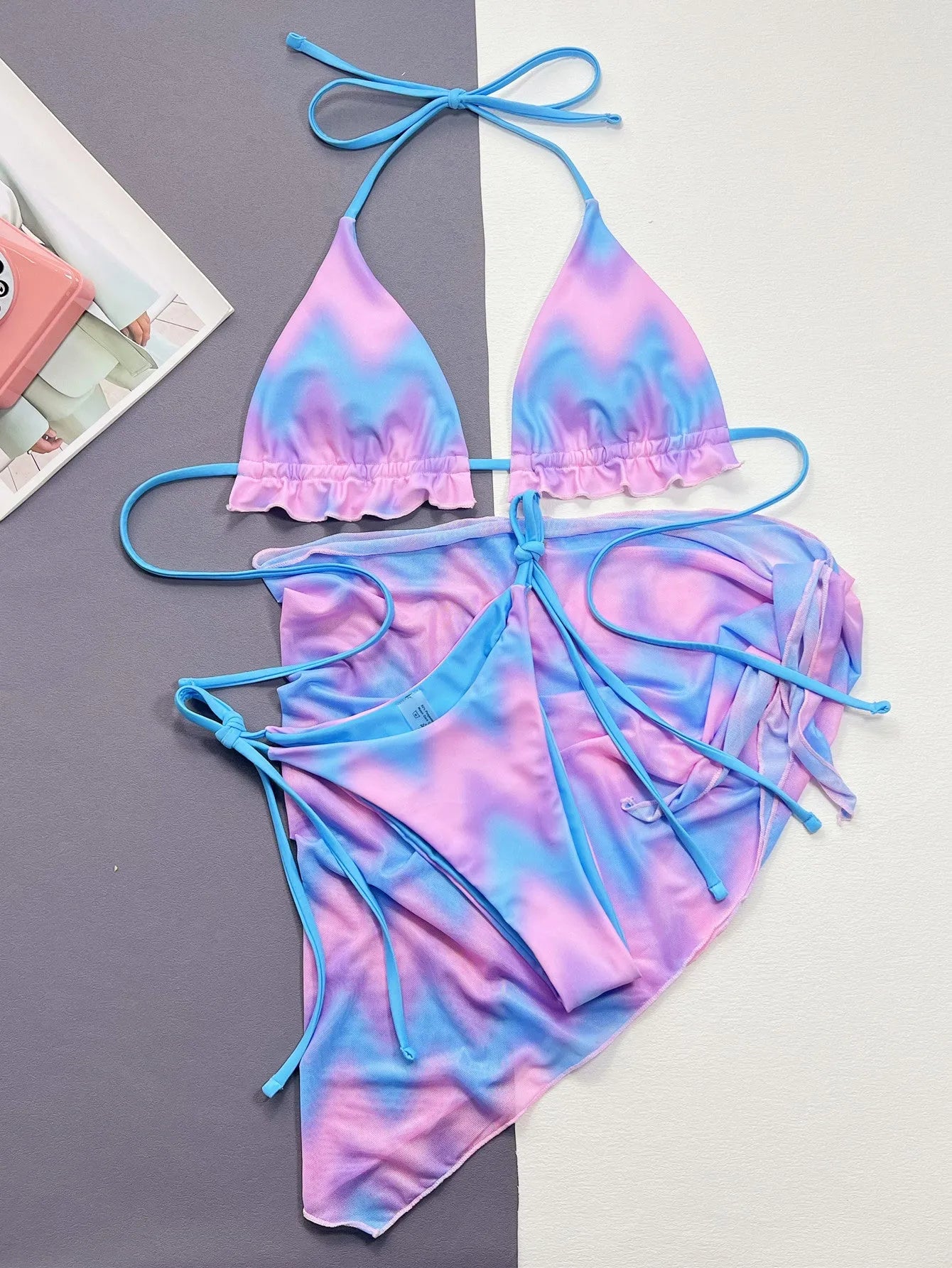 Women's split tie-dye swimsuit bikini set with skirt, bra and panties in picture colour