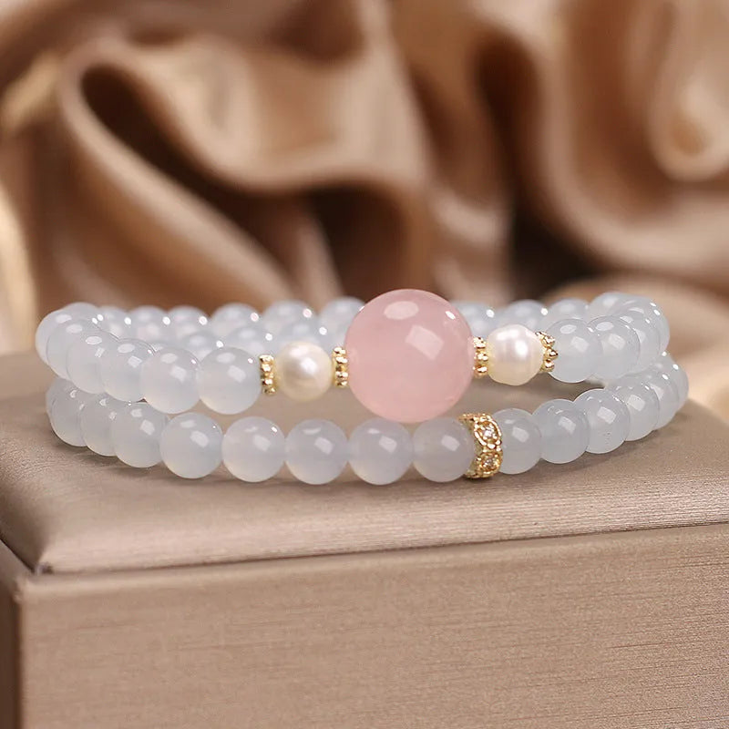 Natural aquamarine double ring bracelet, polished finish, light luxury minority style for women