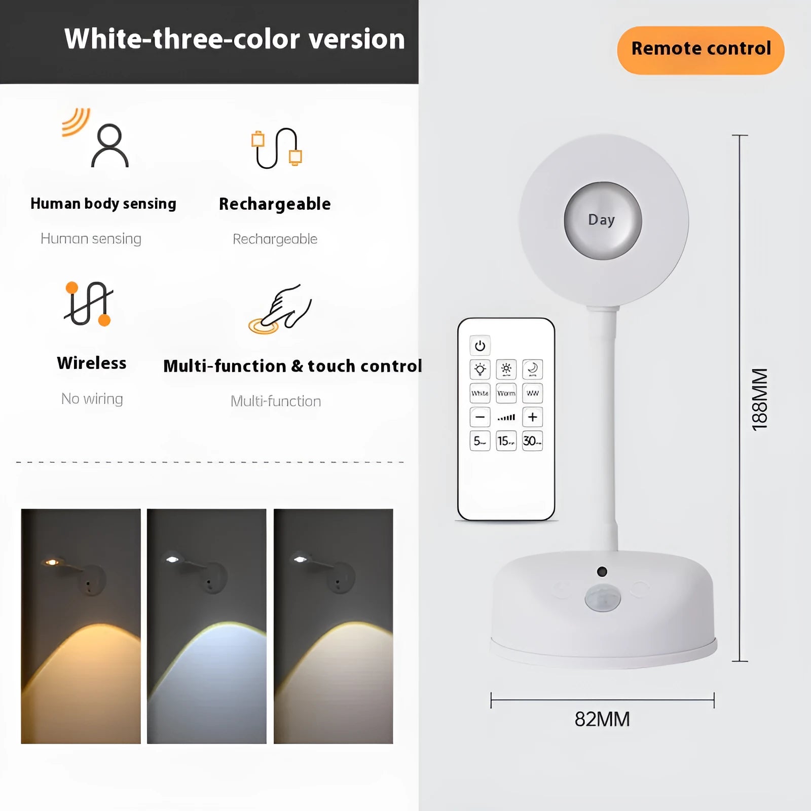 Modern geometric rechargeable wireless wall lamp in white with remote control on a grey wall.