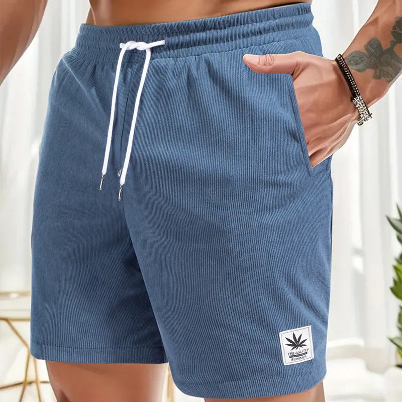 Men's grey drawstring summer leisure shorts on a white background.