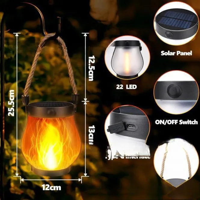 Flickering flame garden lamp with translucent shade in outdoor garden setting