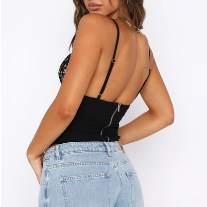Women's V-neck camisole with back zipper design in white and black