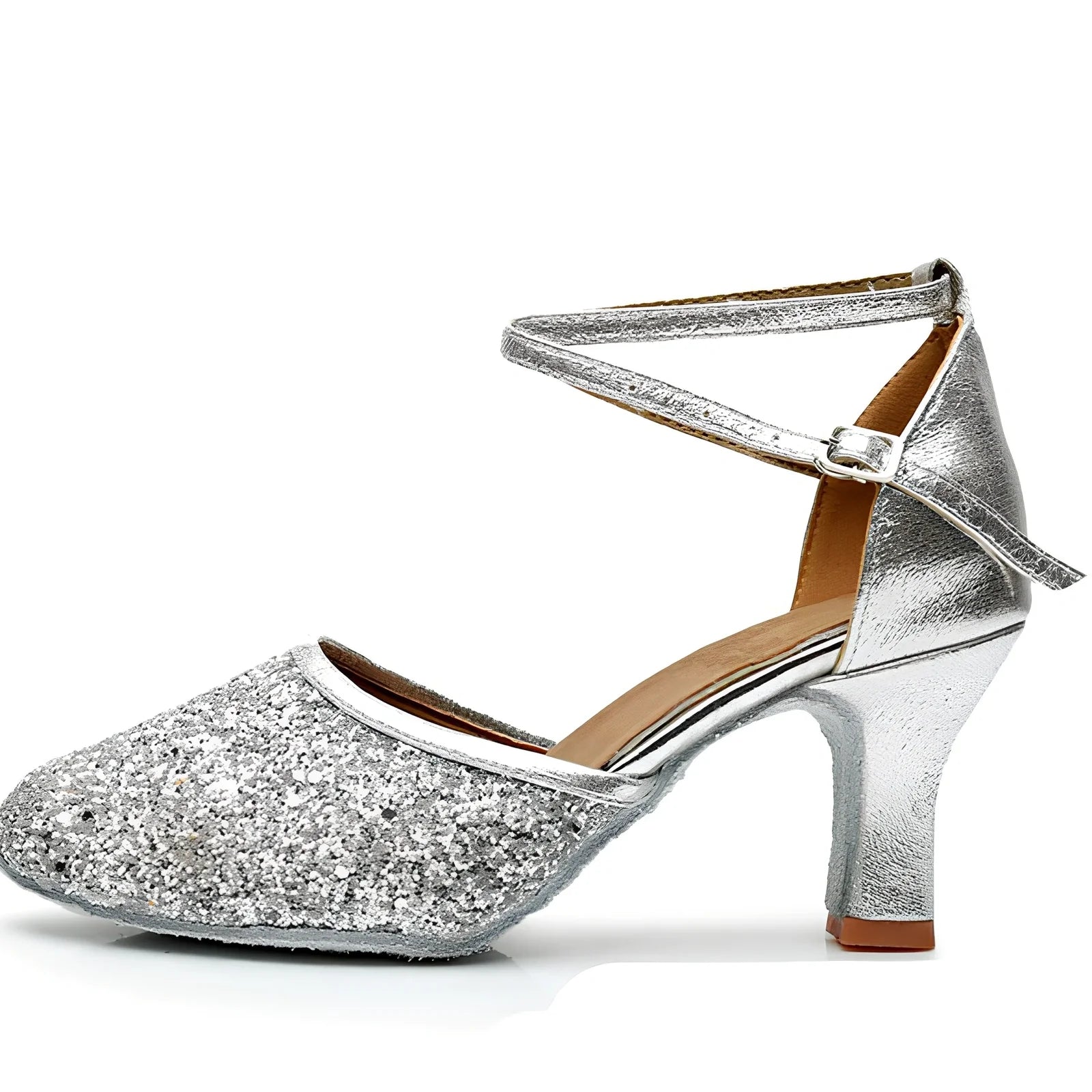 Women's silver high-heeled Latin dance shoes with 7cm heel, sequins, pointed toe, size 36-41