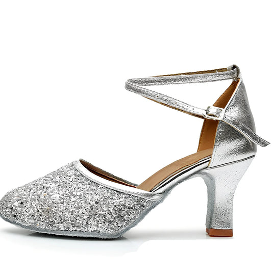 Women's silver high-heeled Latin dance shoes with 7cm heel, sequins, pointed toe, size 36-41