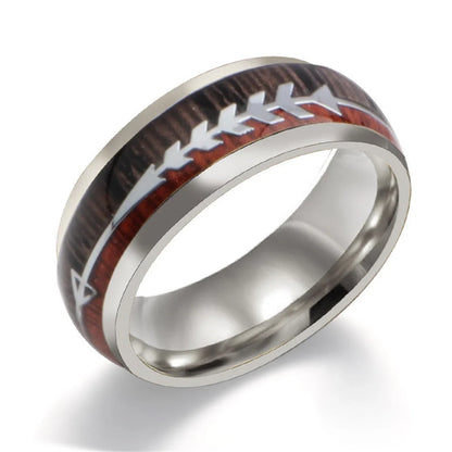 Men's stainless steel ring with wood grain arrow inlay in black, rose gold, and silver