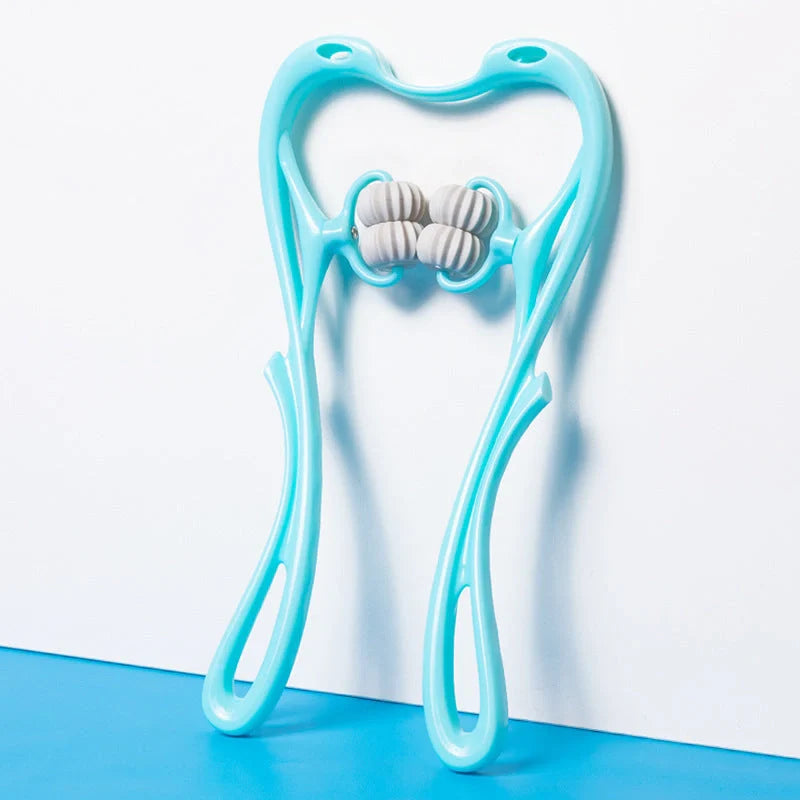 Six-wheel neck massager in blue and pink with 360° rolling balls for muscle relief
