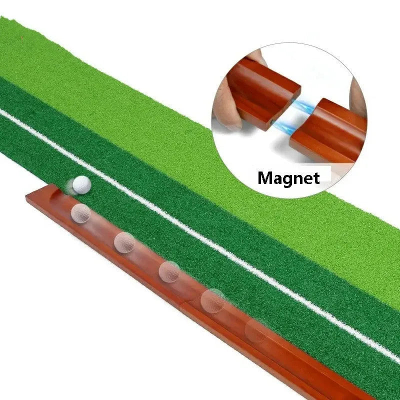 Indoor golf putting practice mat with solid wood frame and dual holes on artificial grass surface.