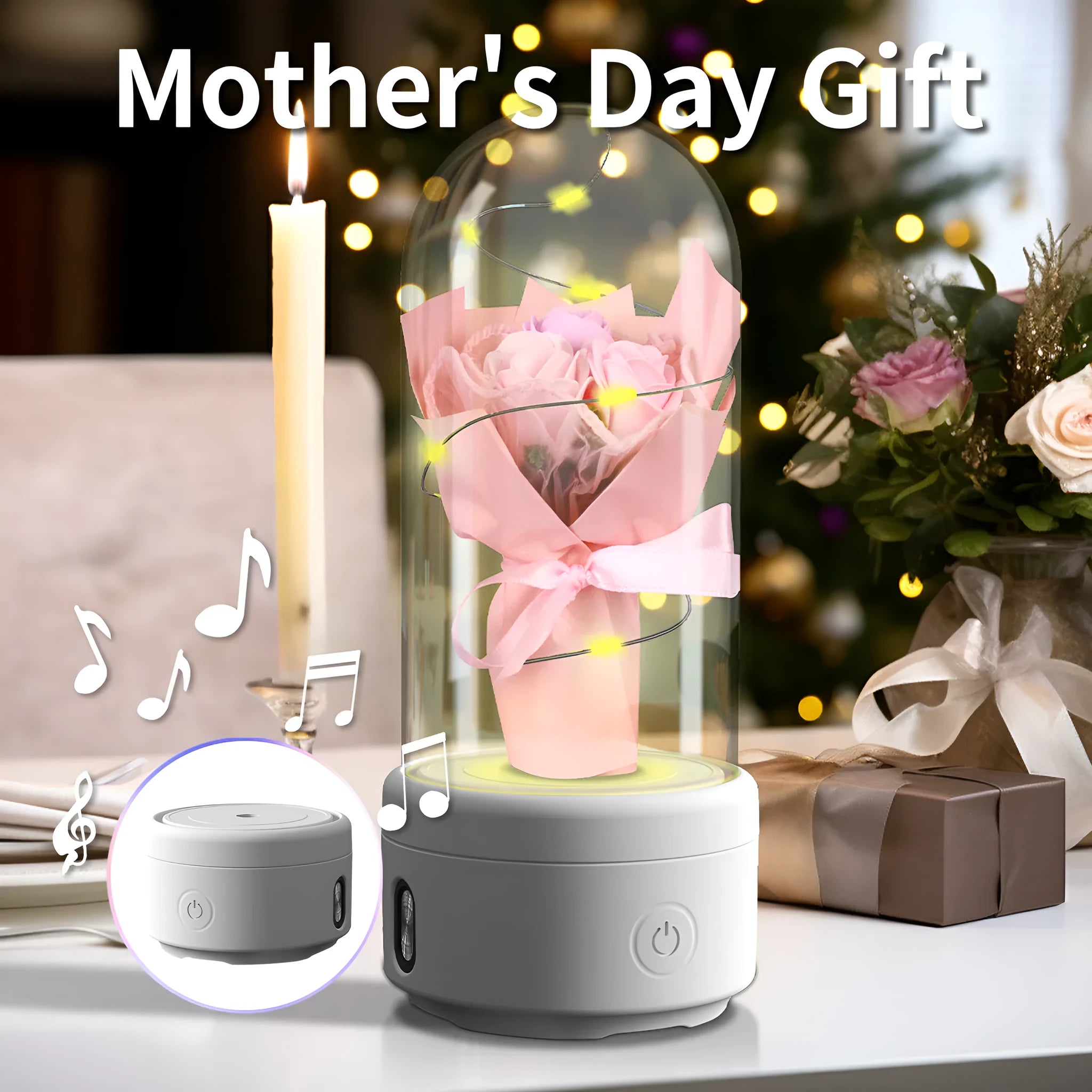 Rose-shaped LED bouquet night light with Bluetooth speaker enclosed in glass cover