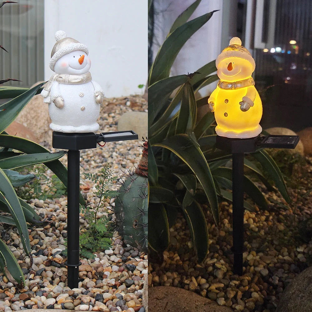 Solar-powered snowman garden light with warm white LED illumination