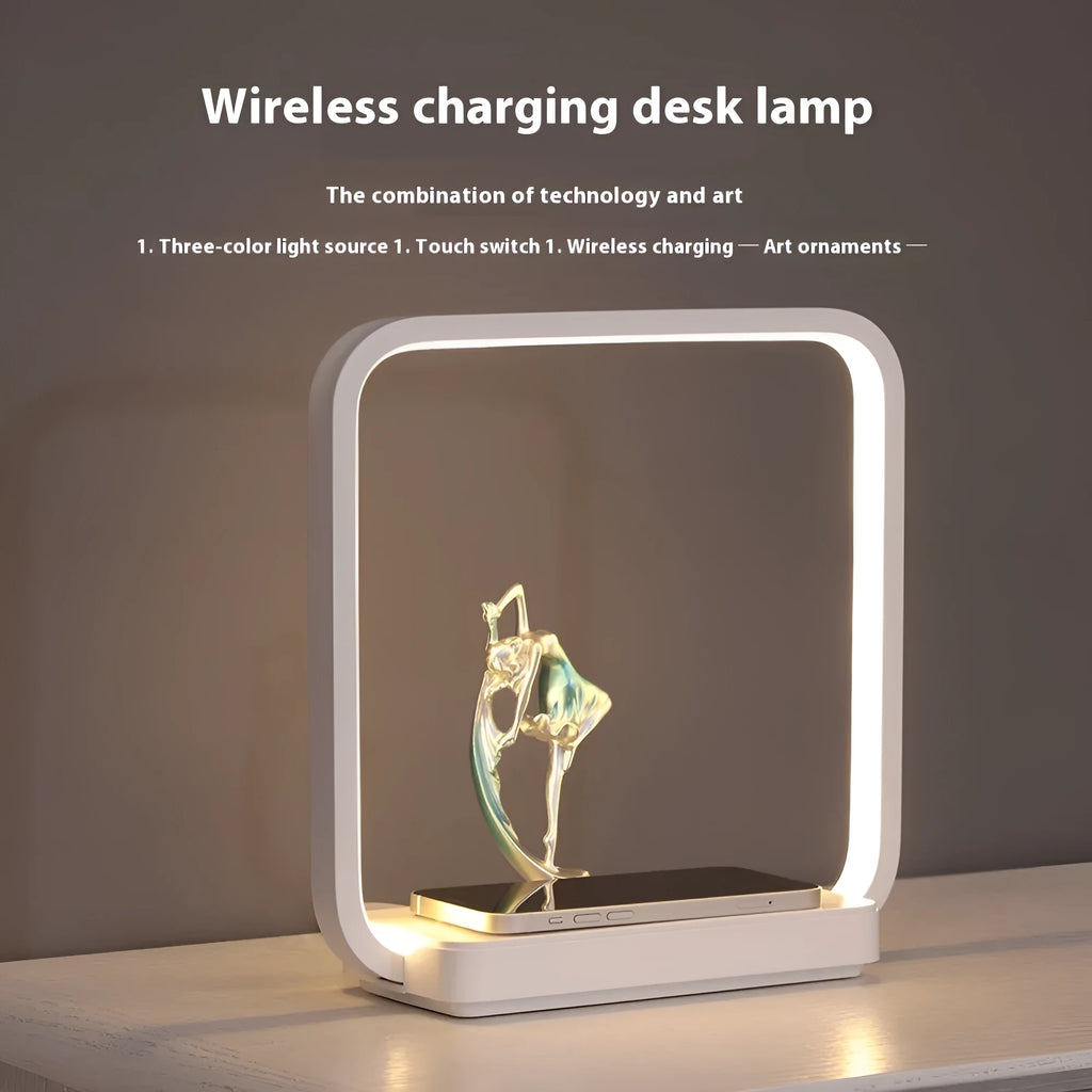 Blue atmosphere table lamp with wireless phone charging surface and decorative lighting