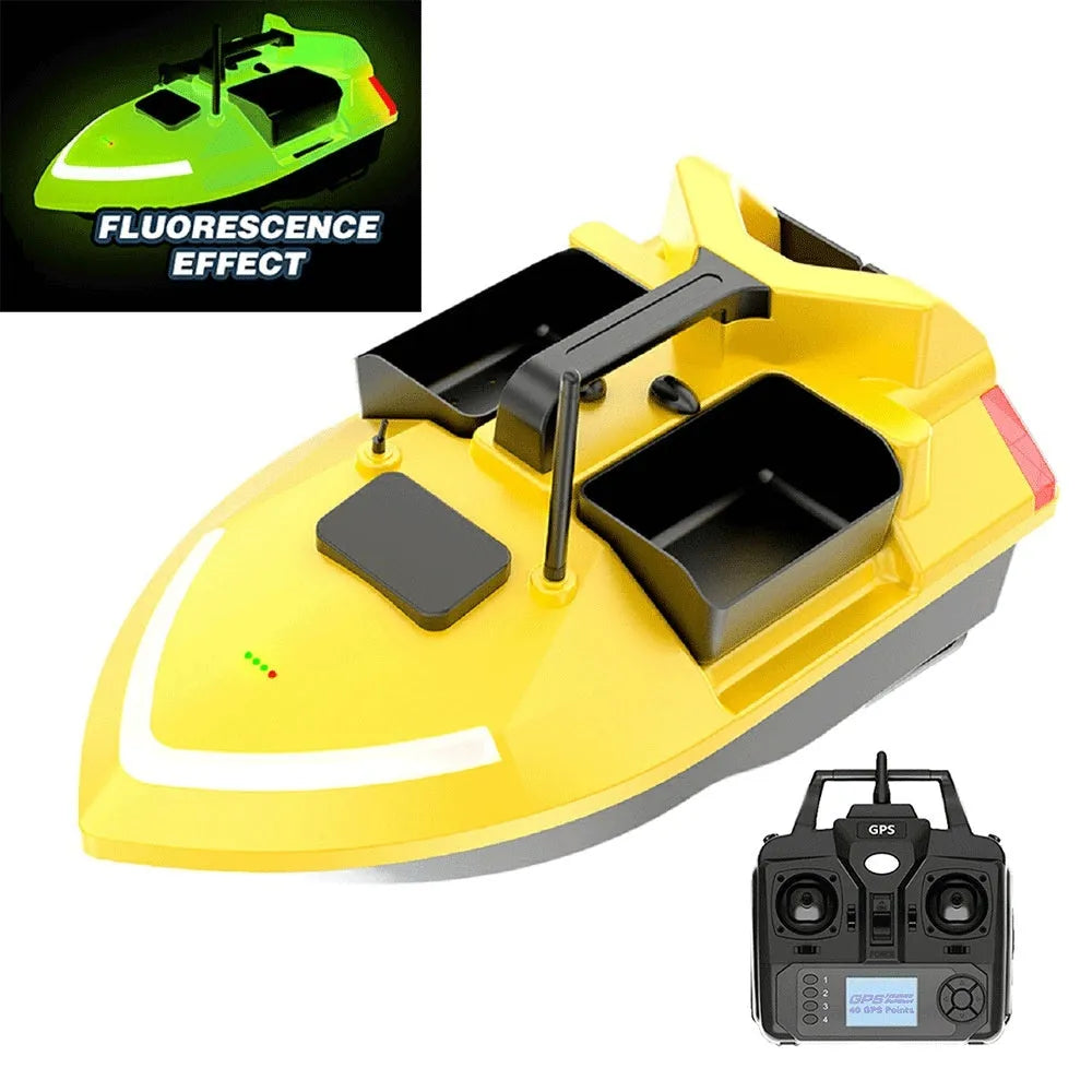 Black and luminous yellow remote control GPS fishing boat with antenna and LED light on open water.