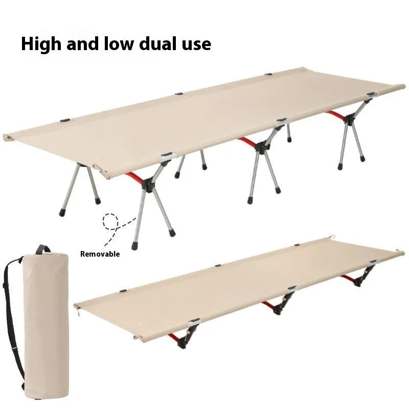 Portable folding camp bed with aluminium brackets in khaki colour, shown folded and in storage bag