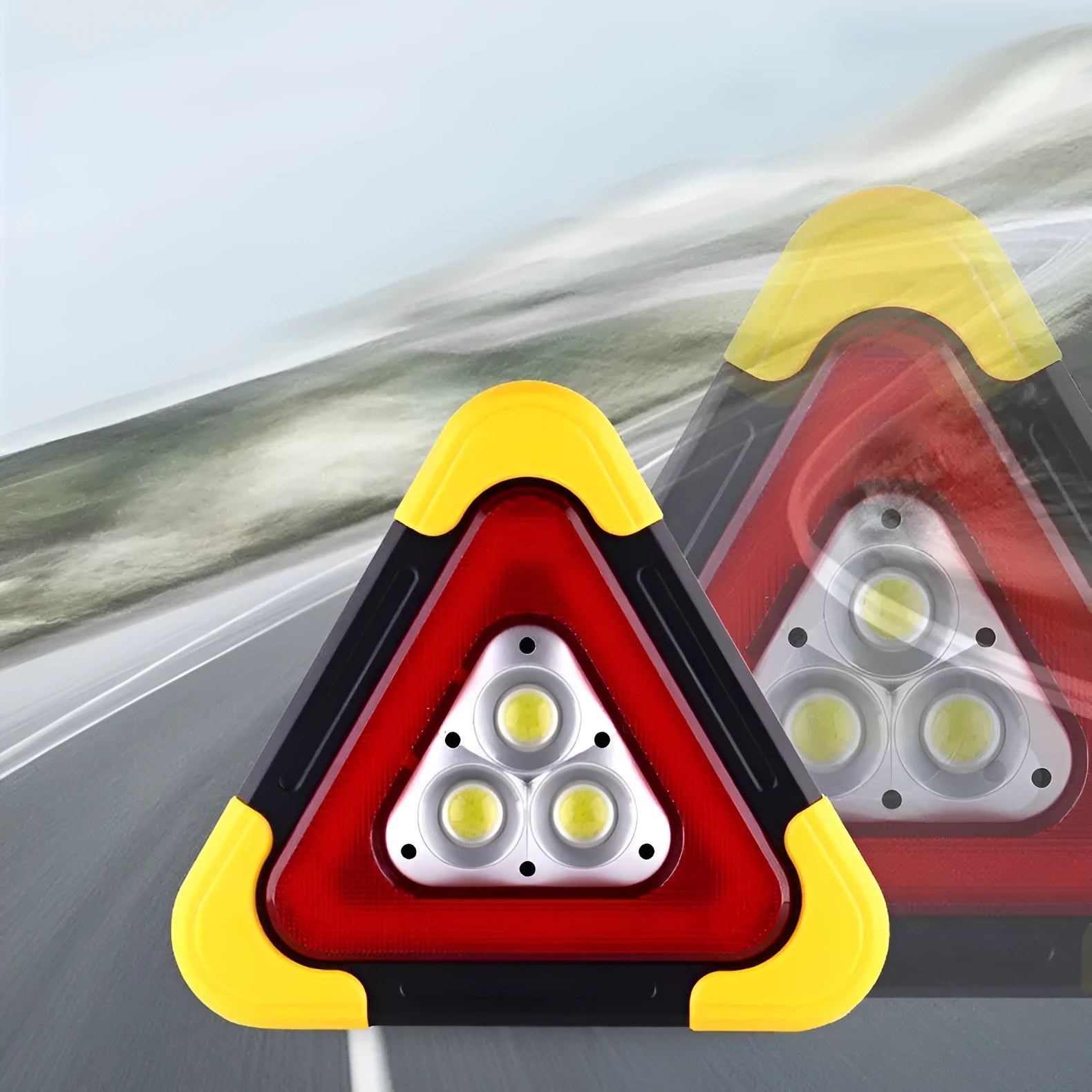 Car mounted tripod warning sign light with solar panel, large and small sizes, showing warning flash mode on a roadside