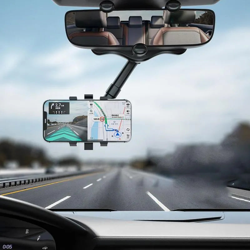 Black rearview mirror car phone holder with four-claw grip and adjustable arm mounted on a car mirror.