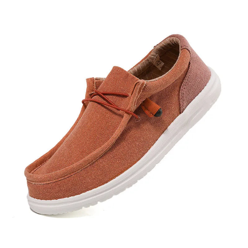 Men's green and orange canvas casual shoes with round toe and rubber sole