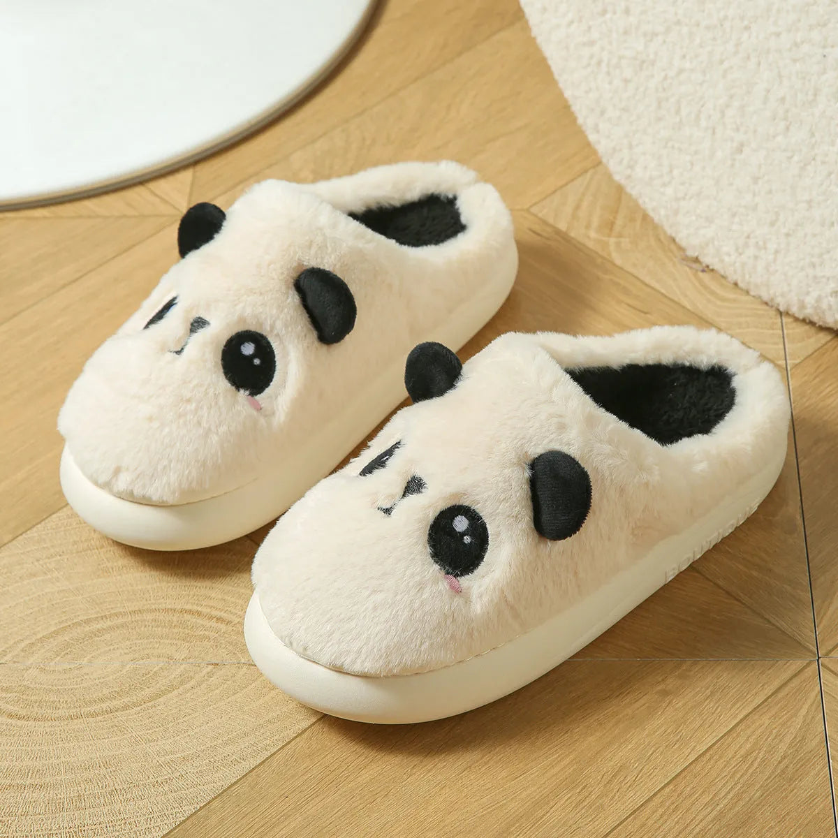 Panda-themed cotton and linen toe-ring slippers with non-slip PVC soles