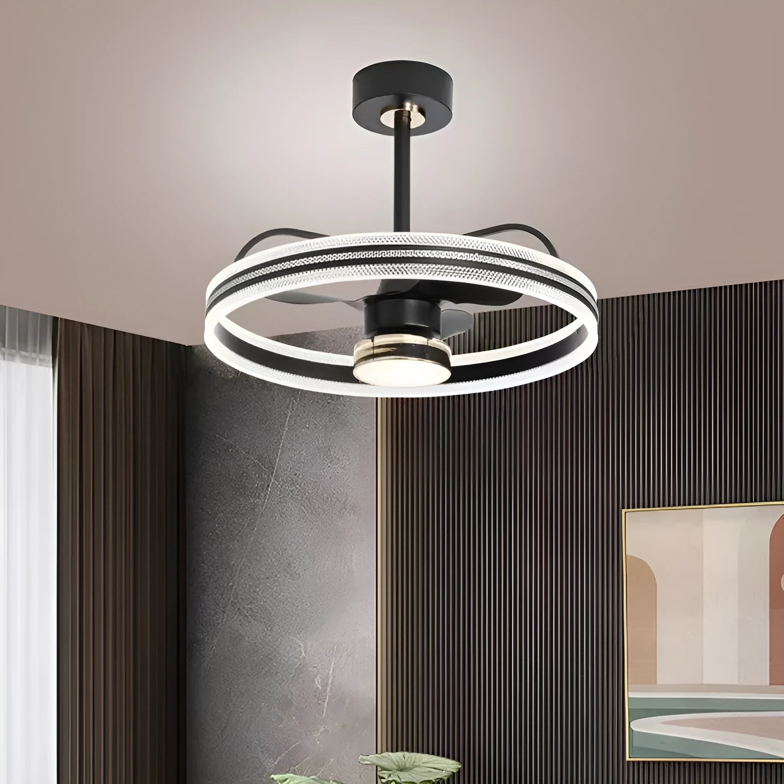 Modern remote control ceiling fan light with acrylic shade in black finish, 60cm diameter.