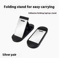 Foldable aluminium computer bracket shown in silver next to 3M adhesive strips for mounting