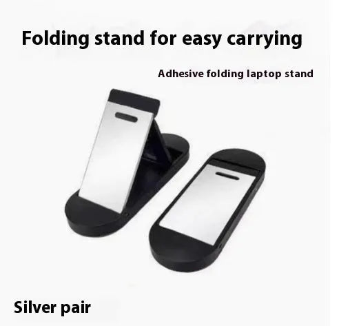 Foldable aluminium computer bracket shown in silver next to 3M adhesive strips for mounting