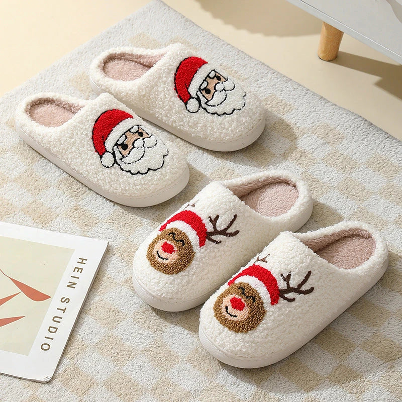 Cozy Christmas home slippers with festive designs, including Santa Claus, Moose, and Gingerbread Man patterns