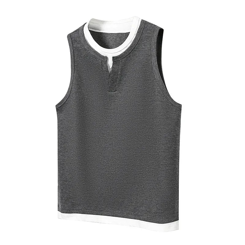 Loose cotton sports vest in black with straight hem, front view, summer fashion brand