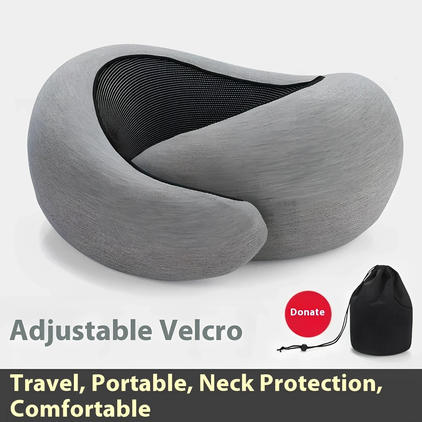 Dark gray adjustable U-shaped memory foam neck pillow with Velcro closure and storage bag, 30cm high for travel support