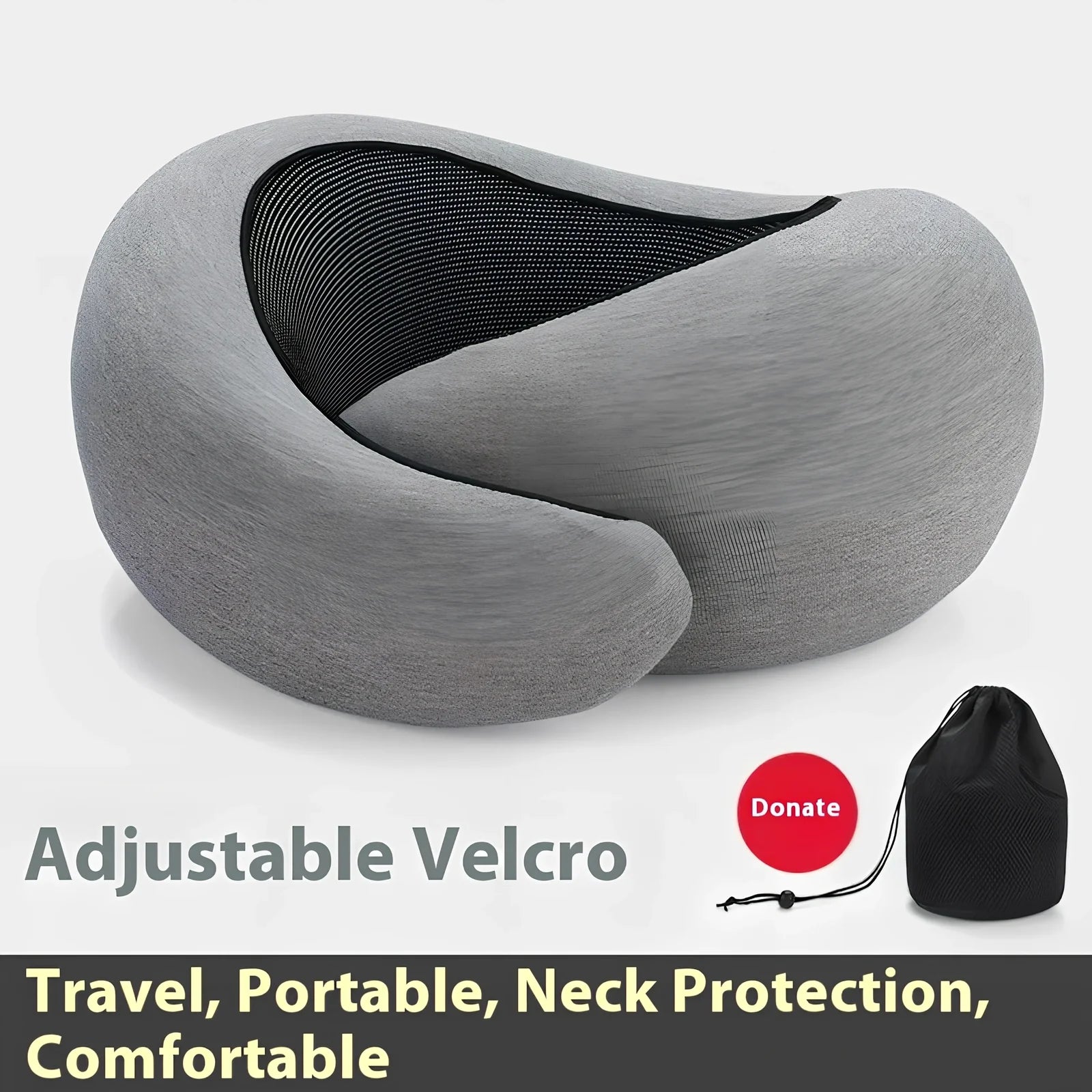 Dark gray adjustable U-shaped memory foam neck pillow with Velcro closure and storage bag, 30cm high for travel support