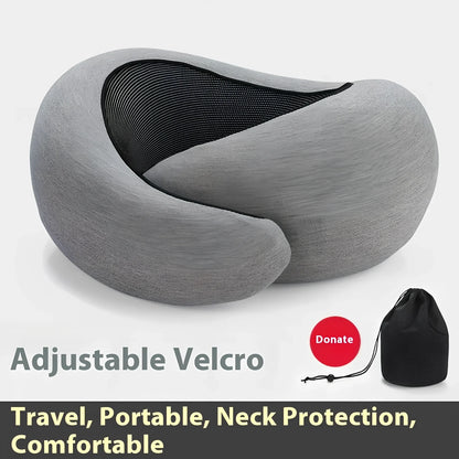 Dark gray adjustable U-shaped memory foam neck pillow with Velcro closure and storage bag, 30cm high for travel support