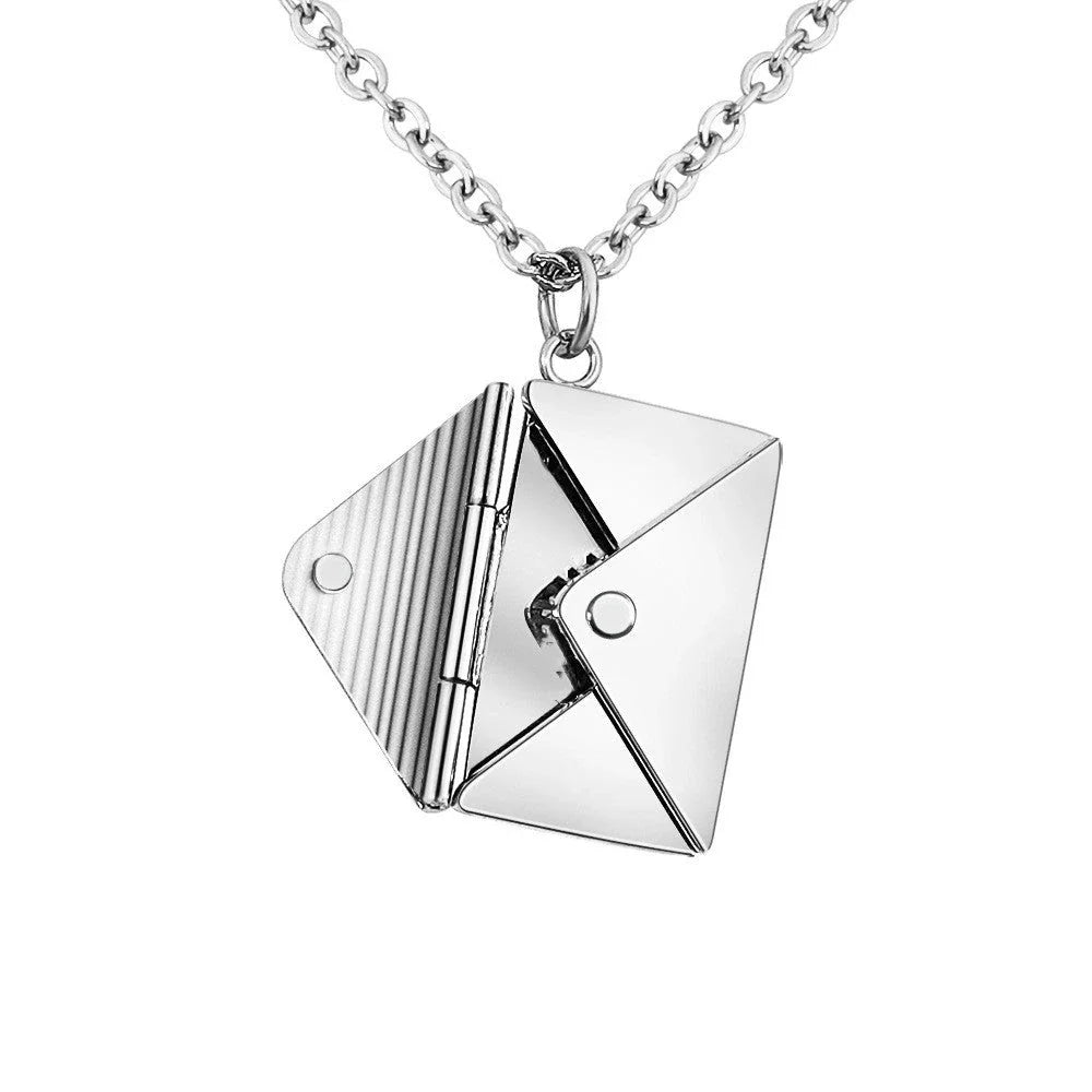 Elegant titanium steel envelope-shaped pendant necklace in silver, rose gold, and gold colors