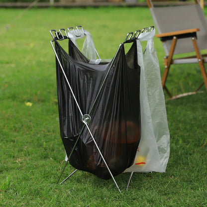 Silver stainless steel folding garbage bag bracket with Korean-style design for outdoor use