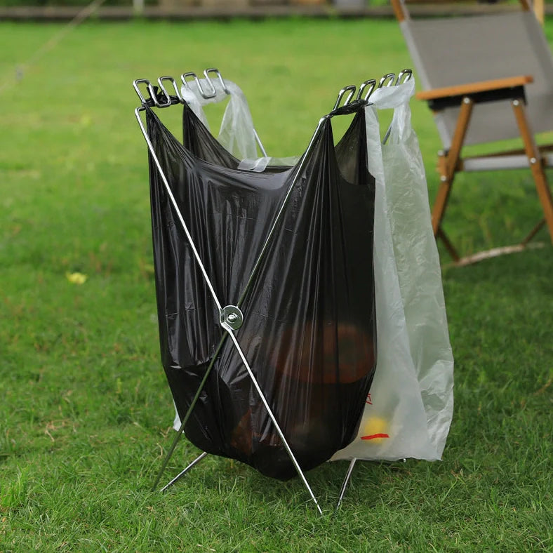 Camping and household folding garbage bag bracket made from 100% new stainless steel materials with Korean-style design for outdoor and home waste management