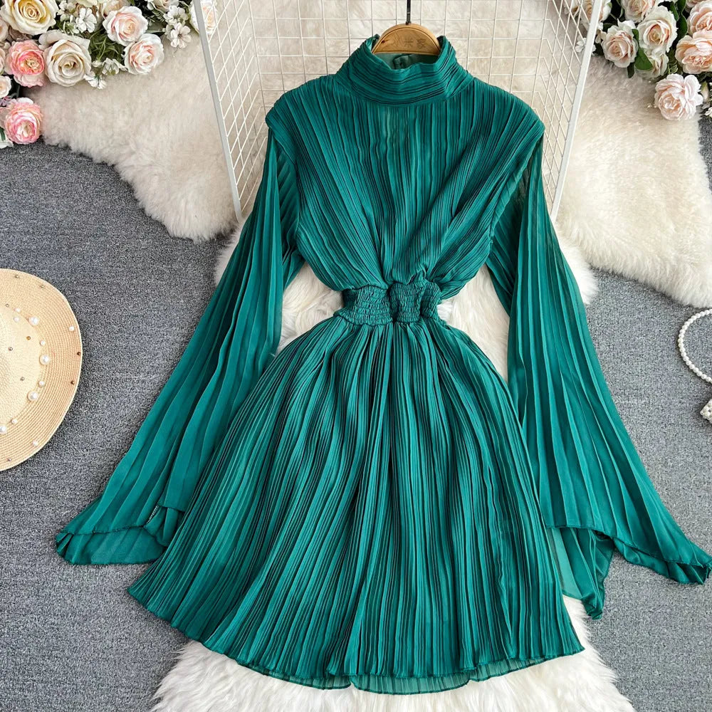 Horn long sleeves stand collar high waist A-line chiffon dress in orange-red colour