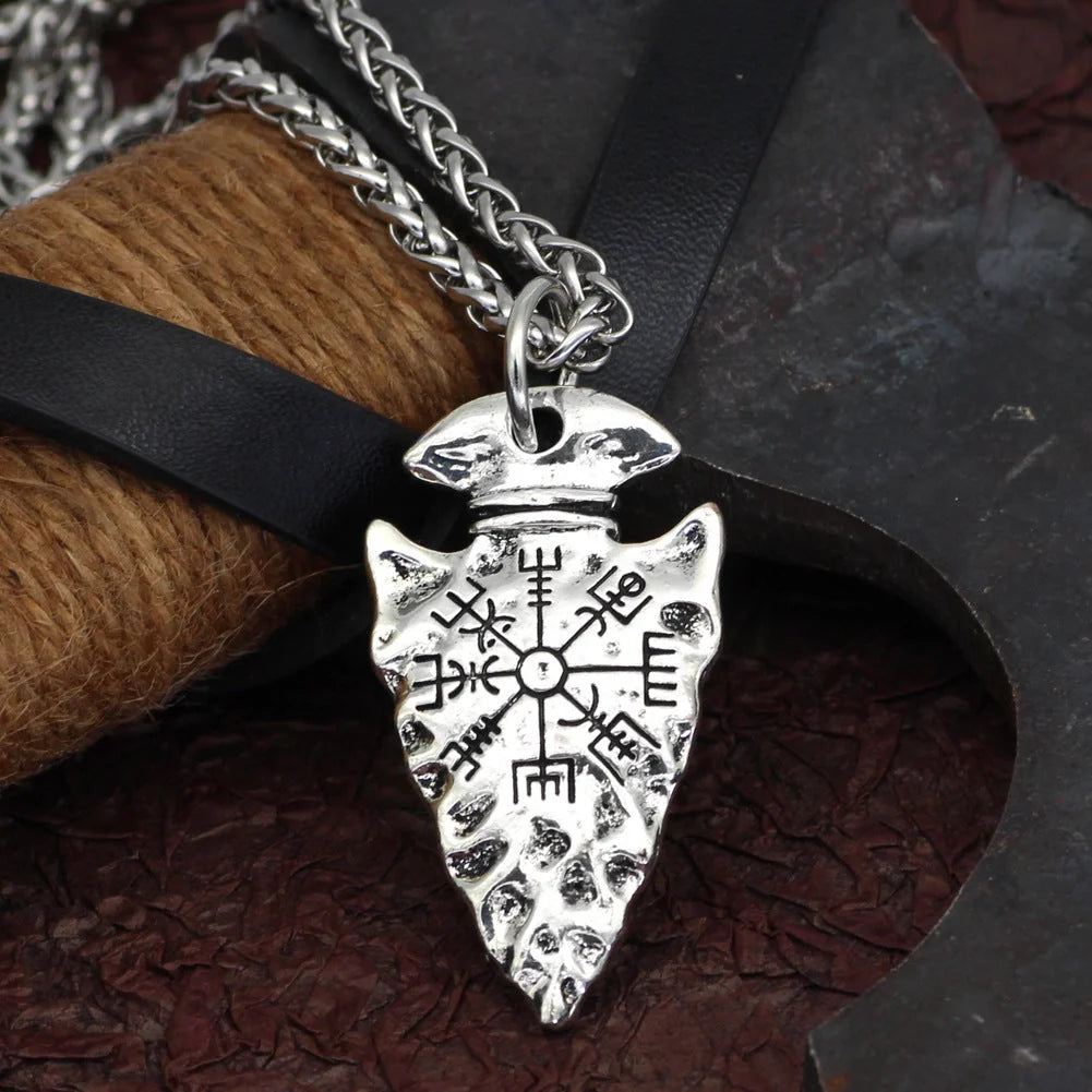Unisex geometric alloy compass pendant necklace in silver and ancient tin finishes
