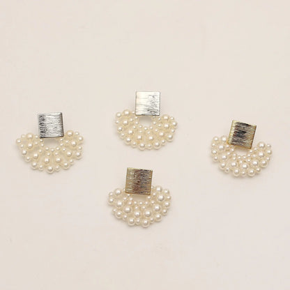 Handmade pearl woven scalloped pearl stud earrings in 14K true gold