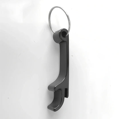 Black self-defence keychain set with alarm, bottle opener, and multiple protection tools