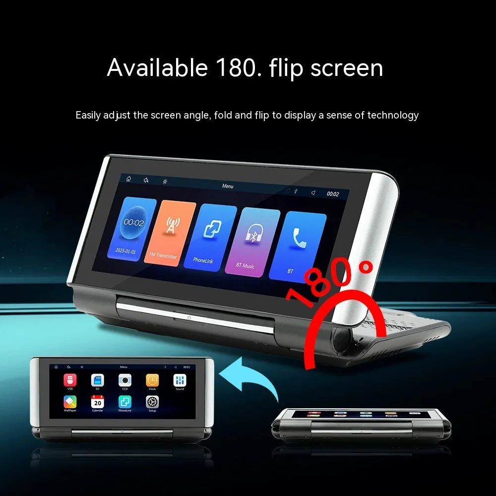 6.86-inch wireless CarPlay MP5 player for car dashboard with cables for power and camera.