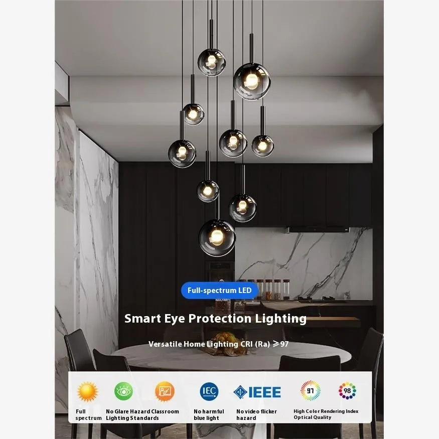 High-grade glass chandelier three-head rotating staircase long ceiling light shiny black finish LED three colour white light